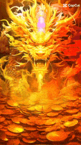 a painting of a dragon surrounded by gold coins