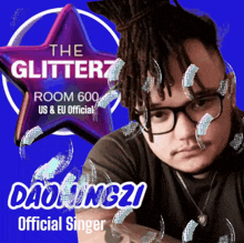 a poster for the glitterz room 600 shows a man wearing glasses and dreadlocks