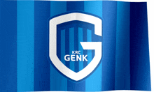 a blue and white striped flag with a logo for krc genk on it