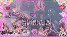 the word bisexual is surrounded by pink flowers and dragons