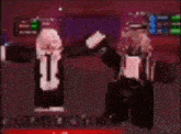 a couple of people standing next to each other in a room in a video game .
