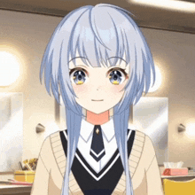 a girl with long blue hair and yellow eyes is wearing a sweater and tie