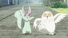 a squirrel and an owl standing next to each other on a sidewalk