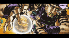 a cartoon character with a purple speech bubble that says ju fufu