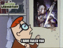 a cartoon character says i have failed you while looking at a picture