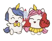 a cartoon drawing of two ponies holding a rocket and giving a thumbs up