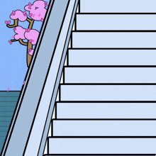 a cartoon of a man standing on a set of stairs next to a tree with pink flowers