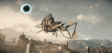 a monster flying over a city with a black hole in the sky behind it