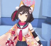 a girl with cat ears is wearing a kimono and a hat .