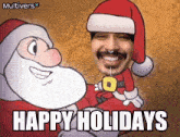 a cartoon of santa claus with the words happy holidays below it