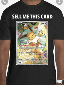a man is wearing a t-shirt that says sell me this card on it