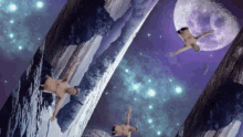 a group of naked men are hanging upside down from a cliff with a full moon in the background