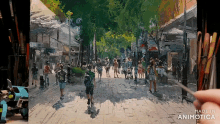 a painting of people walking down a street is being made in animatica