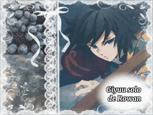 a picture of giyuu solo de rowan is surrounded by blueberries and lace