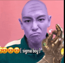 a bald man with a purple face is holding a glove and making a face .