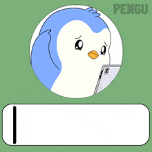 a blue and white penguin is holding a cell phone and says hello on the bottom