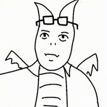 a black and white drawing of a man with glasses and wings