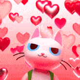 a cartoon cat with blue eyes is surrounded by hearts