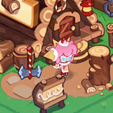 a cartoon character with pink hair is standing in front of a gingerbread house in a game .