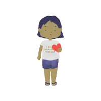 a girl holding a heart wearing a shirt that says ' mai ' on it