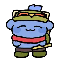 a cartoon drawing of a blue cat wearing a green hat and scarf .
