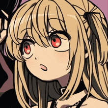 a girl with blonde hair and red eyes is wearing a choker around her neck