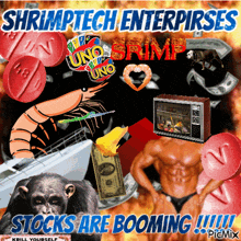 a poster that says shrimptech enterprises stocks are booming !!!