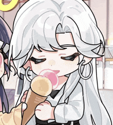 a girl with long white hair is holding an ice cream cone and blowing bubbles