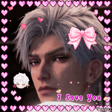 a picture of a man with a pink bow and the words " i love you " on the bottom