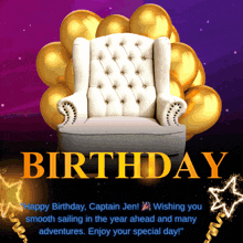 a white chair surrounded by gold balloons with the words birthday