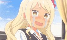 a girl with blonde hair is crying with tears coming out her eyes