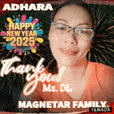 a picture of a woman with glasses and the words happy new year 2025 on it