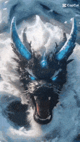 a painting of a dragon with blue eyes and blue horns .