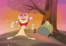 a cartoon character with a big smile on his face is standing in front of a tree