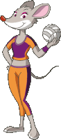 a cartoon mouse is holding a volleyball in her right hand