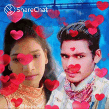 a man and a woman are surrounded by hearts and hearts are flying around them .