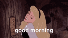 a cartoon of sleeping beauty with the words good morning behind her