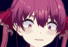 a close up of a girl with purple hair and white eyes