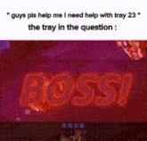 a meme that says " guys pls help me i need help with tray 23 " the tray in the question : boss !
