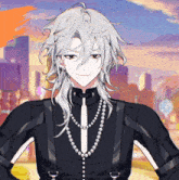 a man with white hair is wearing a black shirt and suspenders