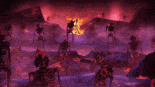 a bunch of skeletons are walking in a dark area