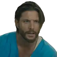 a man with long hair and a beard is wearing a blue scrub top
