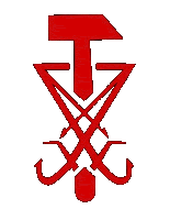 a red symbol with a hammer and crossed arrows