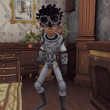 a cartoon character wearing goggles and a suit with a clock on it