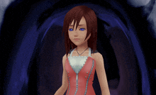 a cartoon girl with red hair and blue eyes stands in front of a dark background