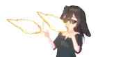 a girl with a bunny ear is blowing fire
