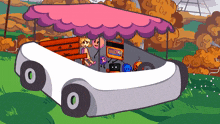 a cartoon drawing of a car with a purple canopy