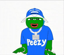 a cartoon frog wearing a blue shirt that says peezy