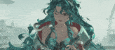 a girl with long blue hair and a snake on her shoulder