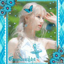a picture of a woman with a blue butterfly in her hair and the words goodnight on the bottom
